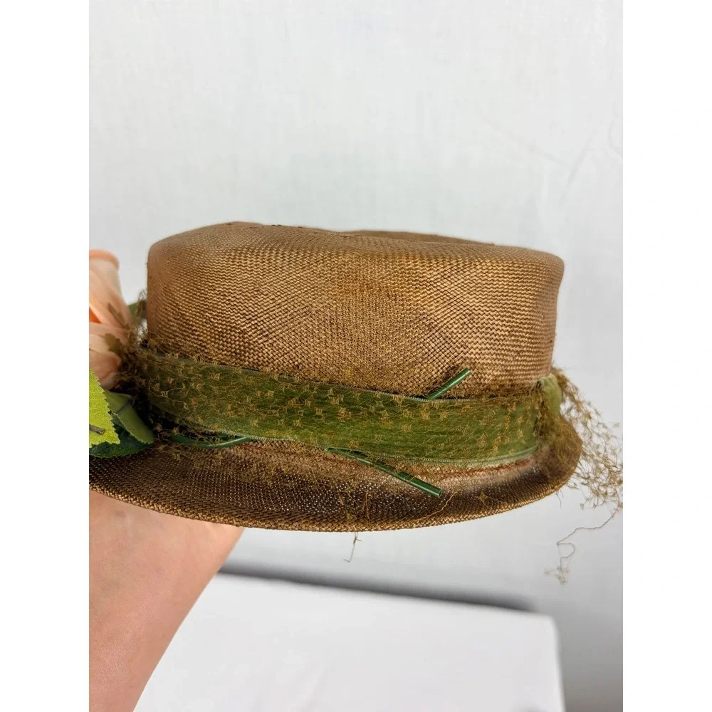 Vintage B.B. Smith & Co Bronze Woven Straw Boater Hat Floral Pearl Trim Kentucky